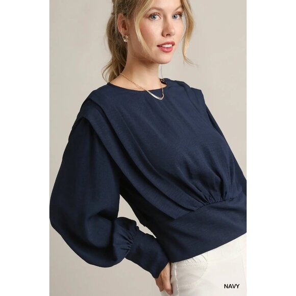 NWT Umgee Navy Solid Defined Shoulder Crepe Blouse~Long Sleeve - Picture 1 of 10